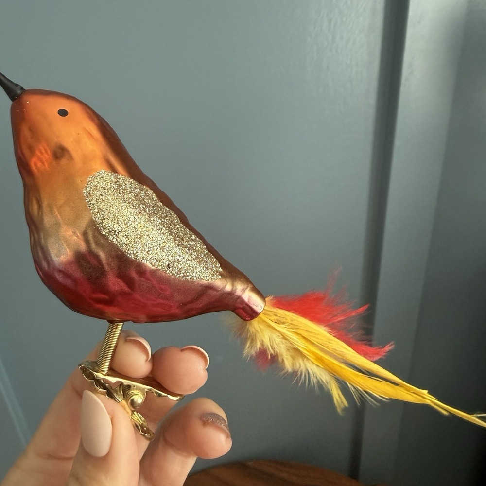 Vintage Glass Clip On Bird Ornaments 4 Cardinal Feather Tail Glitter German F/W - Picture 5 of 11